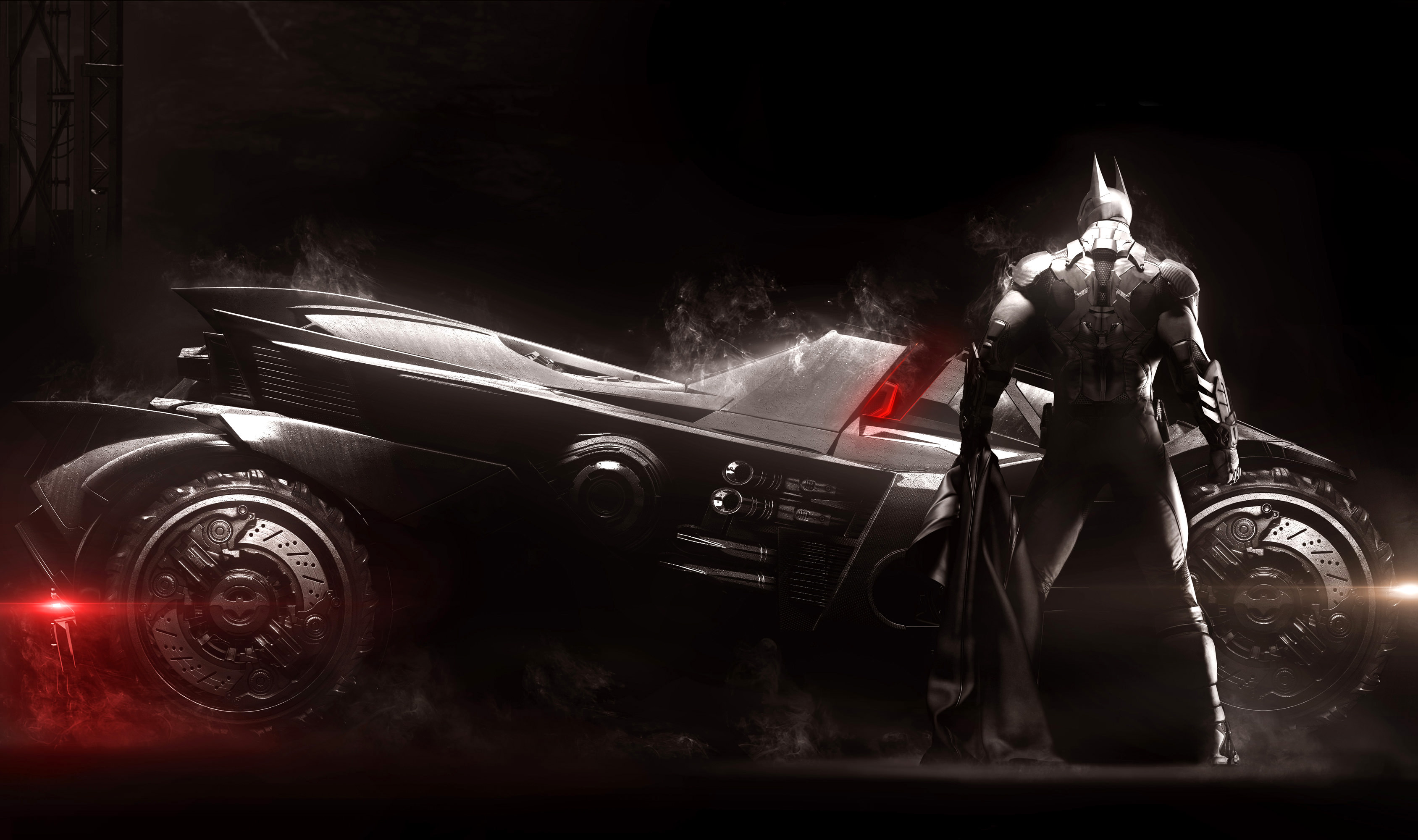 بتمن در کنار Batmobile در بازی Batman Arkham Knight