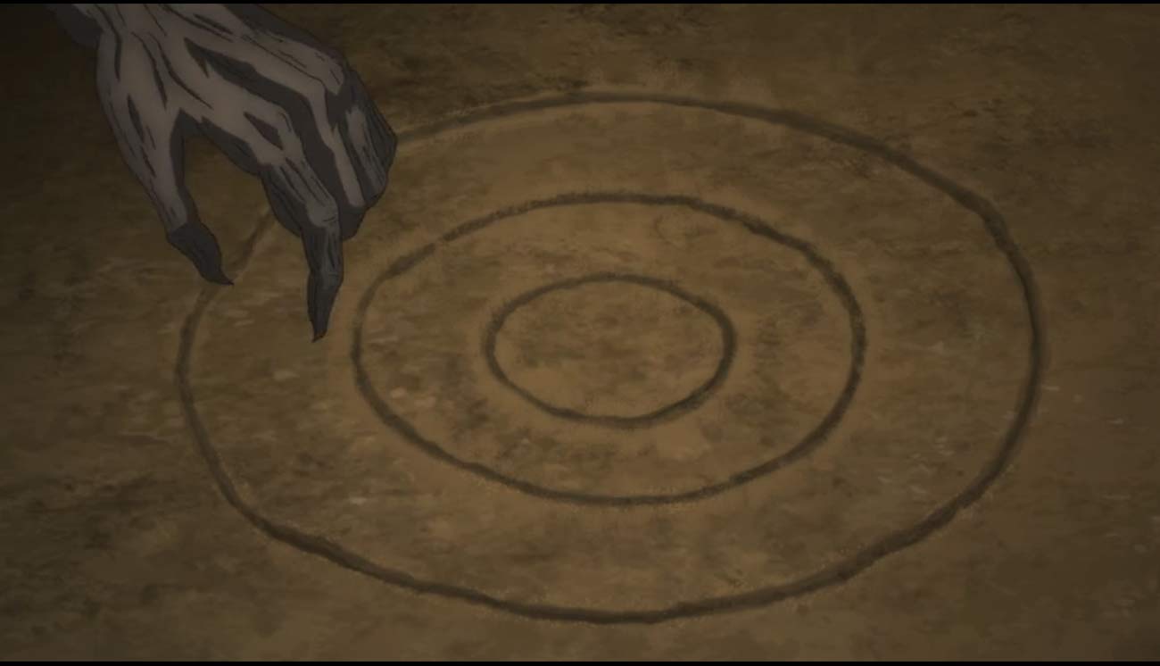 هوکو با کشیدن سه دایره روی زمین درحال نشان دادن نقشه جزیره به سایگری و گابیمارو است