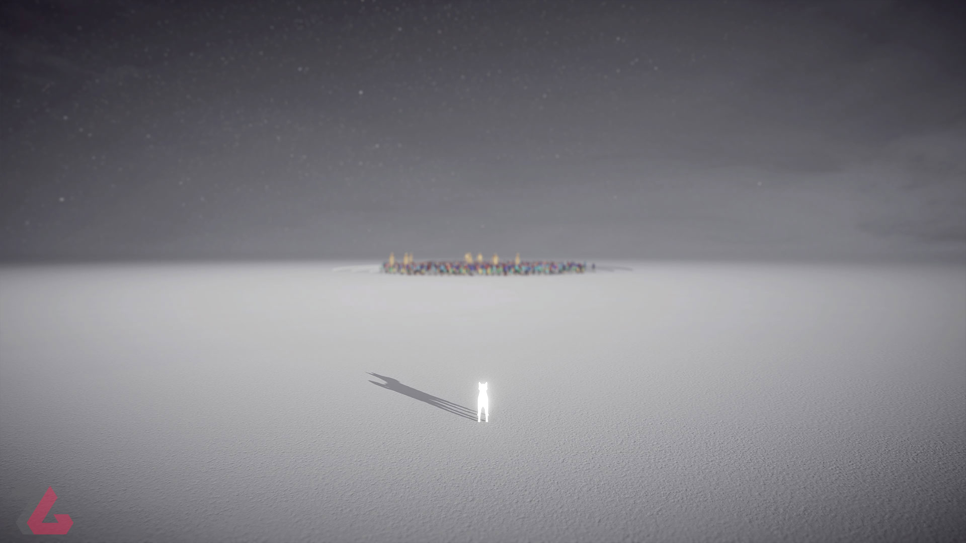 نگاه شیبا اینو نورانی از دور به گروهی از انسان ها در بازی Humanity (هیومنیتی)، محصول سال ۲۰۲۳ میلادی برای پلی استیشن 5، پلی استیشن 4 و کامپیوتر