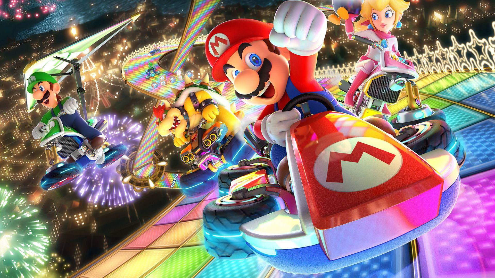 ماریو باوزر لوئیجی و شاهزاده هلو در رقابت‌های Mario Kart 8