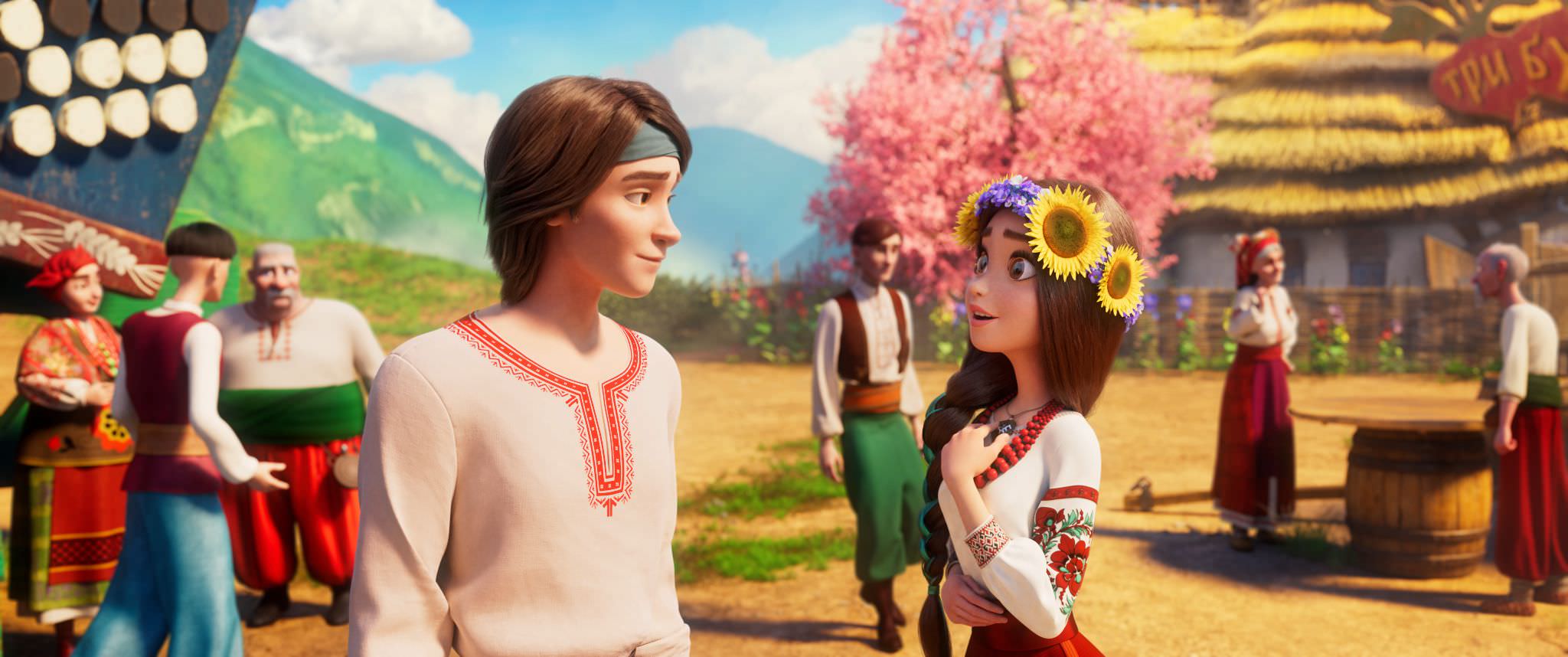 لوکاس و ماوکا در روستا در انیمیشن Mavka: The Forest Song 