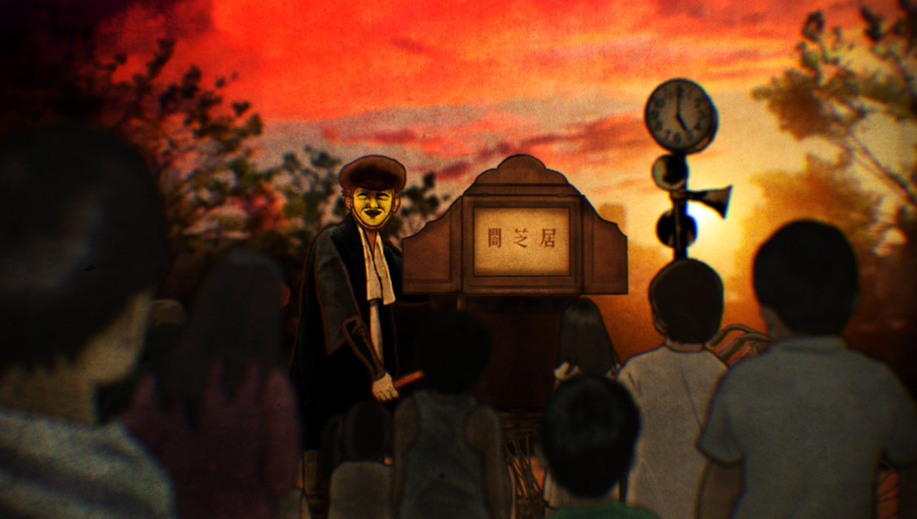 راوی داستان ترسناک مرموز در انیمیشن Yama Shibai در حال اجرای نمایش کاغذی یا kami shibai
