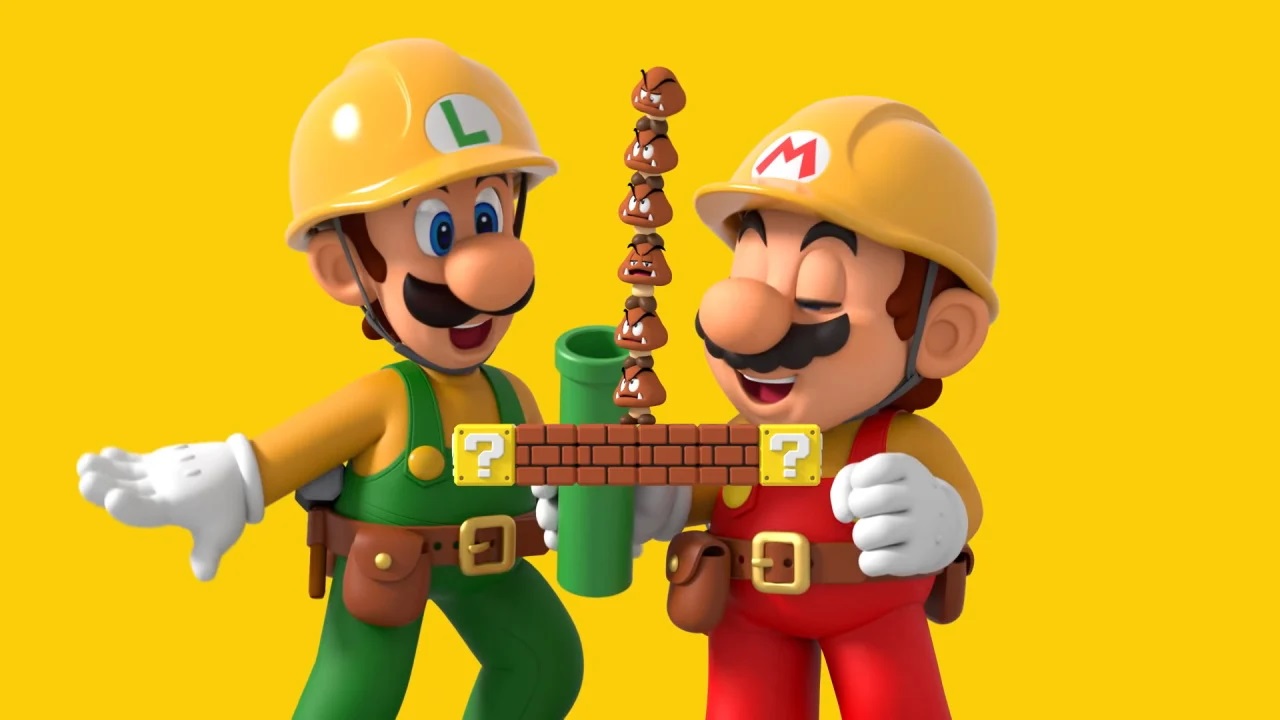 ماریو و لوئیجی در حال ساخت و ساز در بازی Super Mario Maker