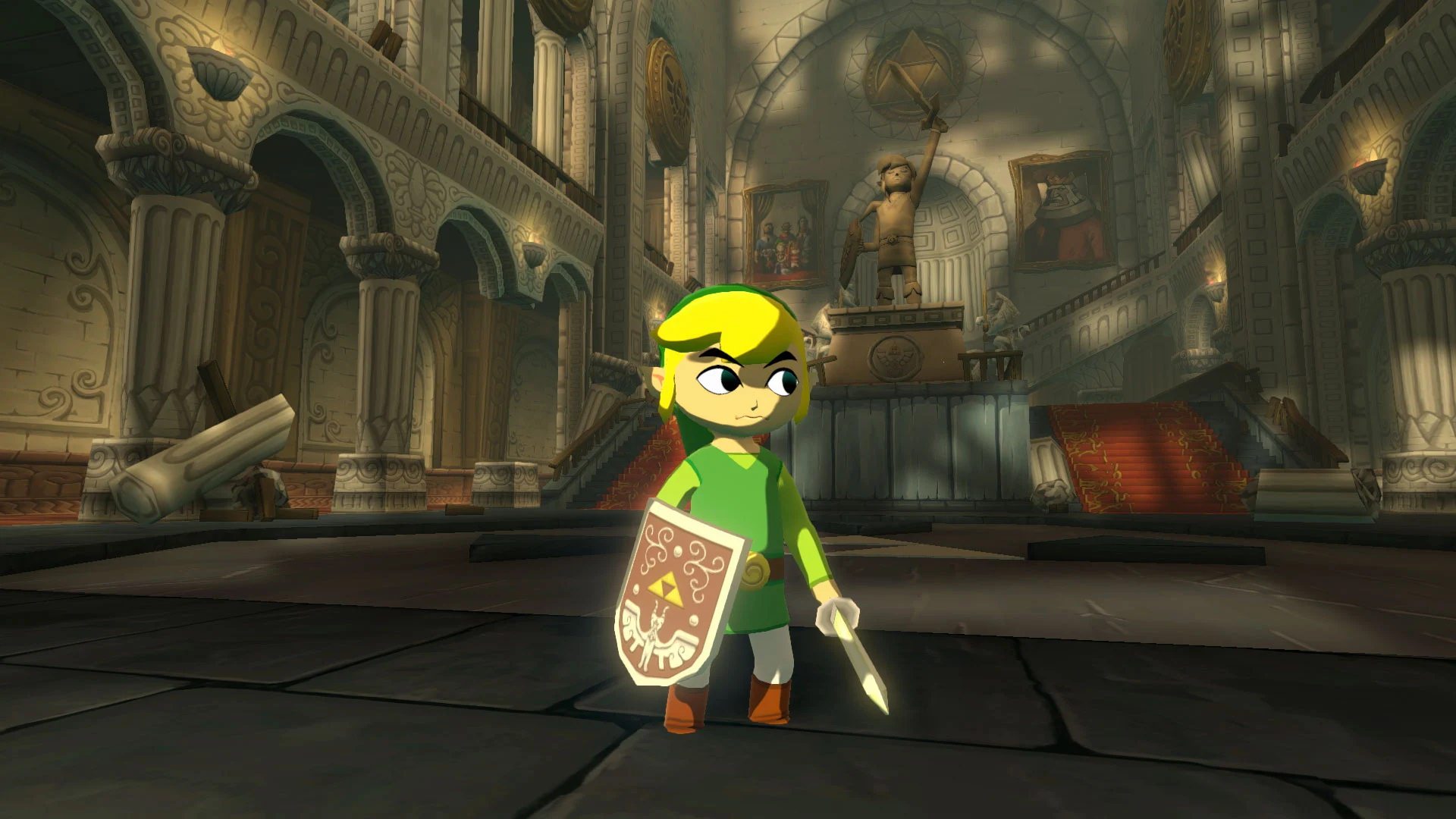 لینک با سپر و شمشیر در بازی The Legend of Zelda: The Wind Waker HD