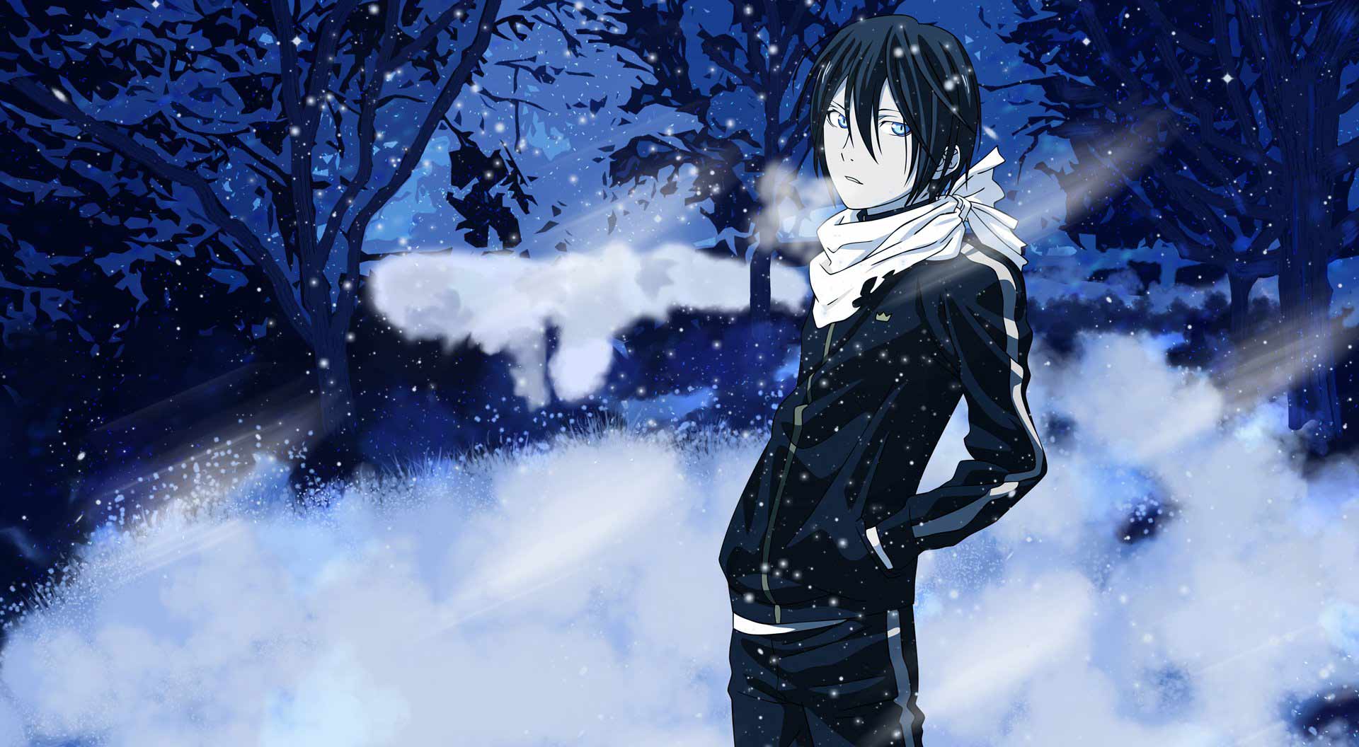 شخصیت یاتو از انیمه نواراگامی در میان منظره برفی با دستمال گردن سفید