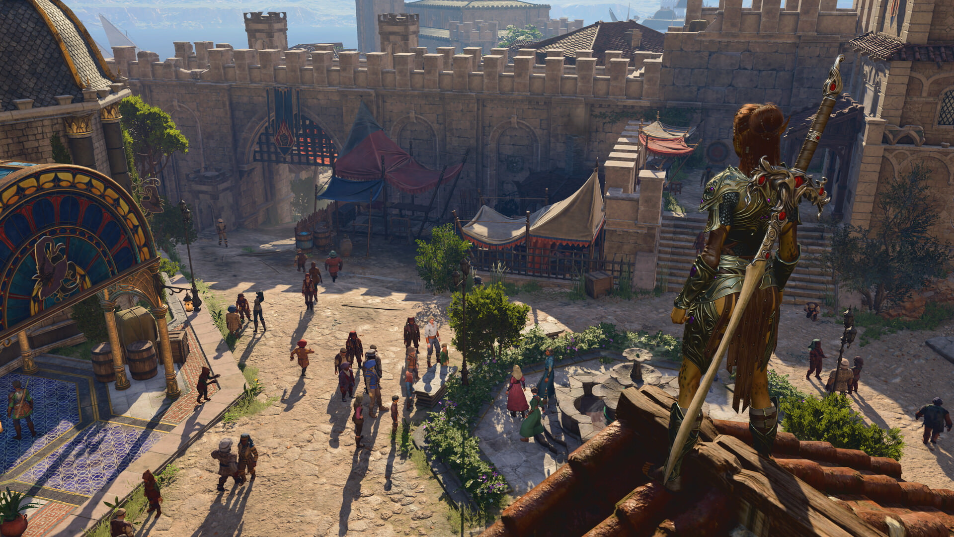 قهرمان بازی Baldur’s Gate 3 در حال نگاه کردن به جمعیت شهر