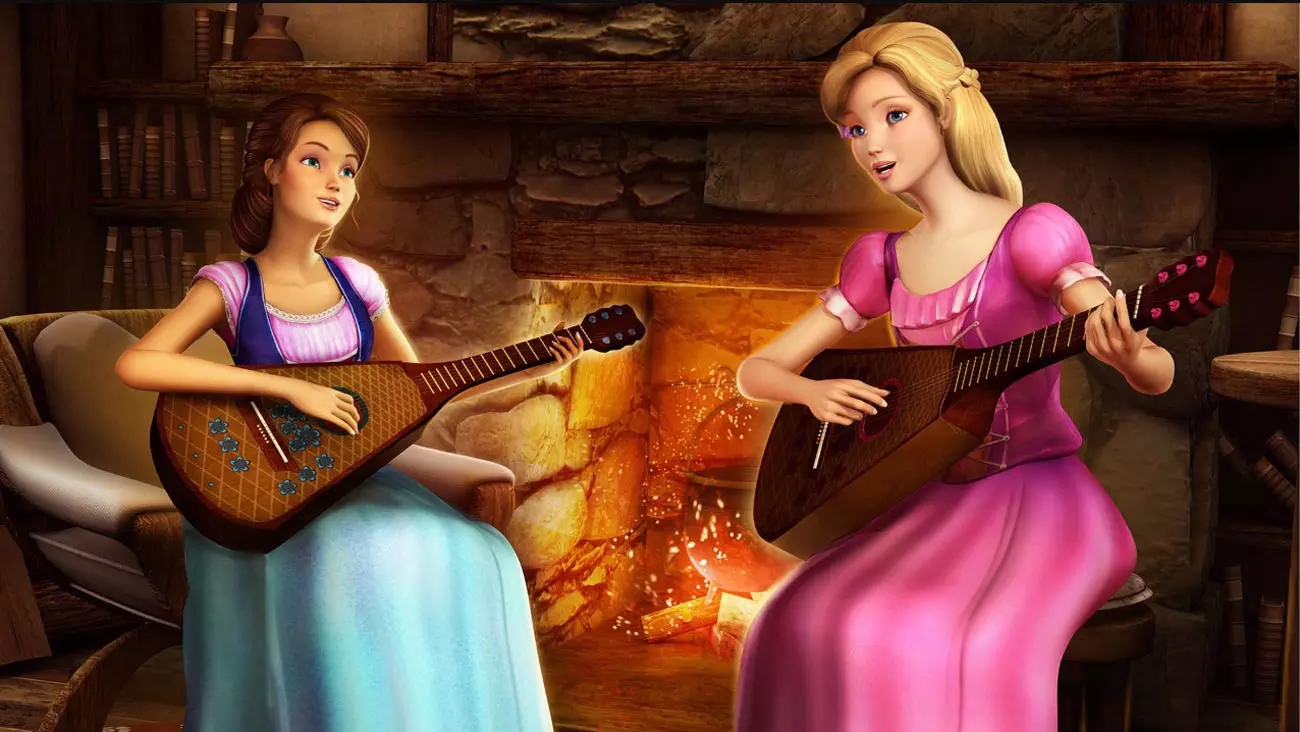 دو دختر جوان درحال نواختن ساز و خوندن آواز در انیمیشن باربی و قصر الماس