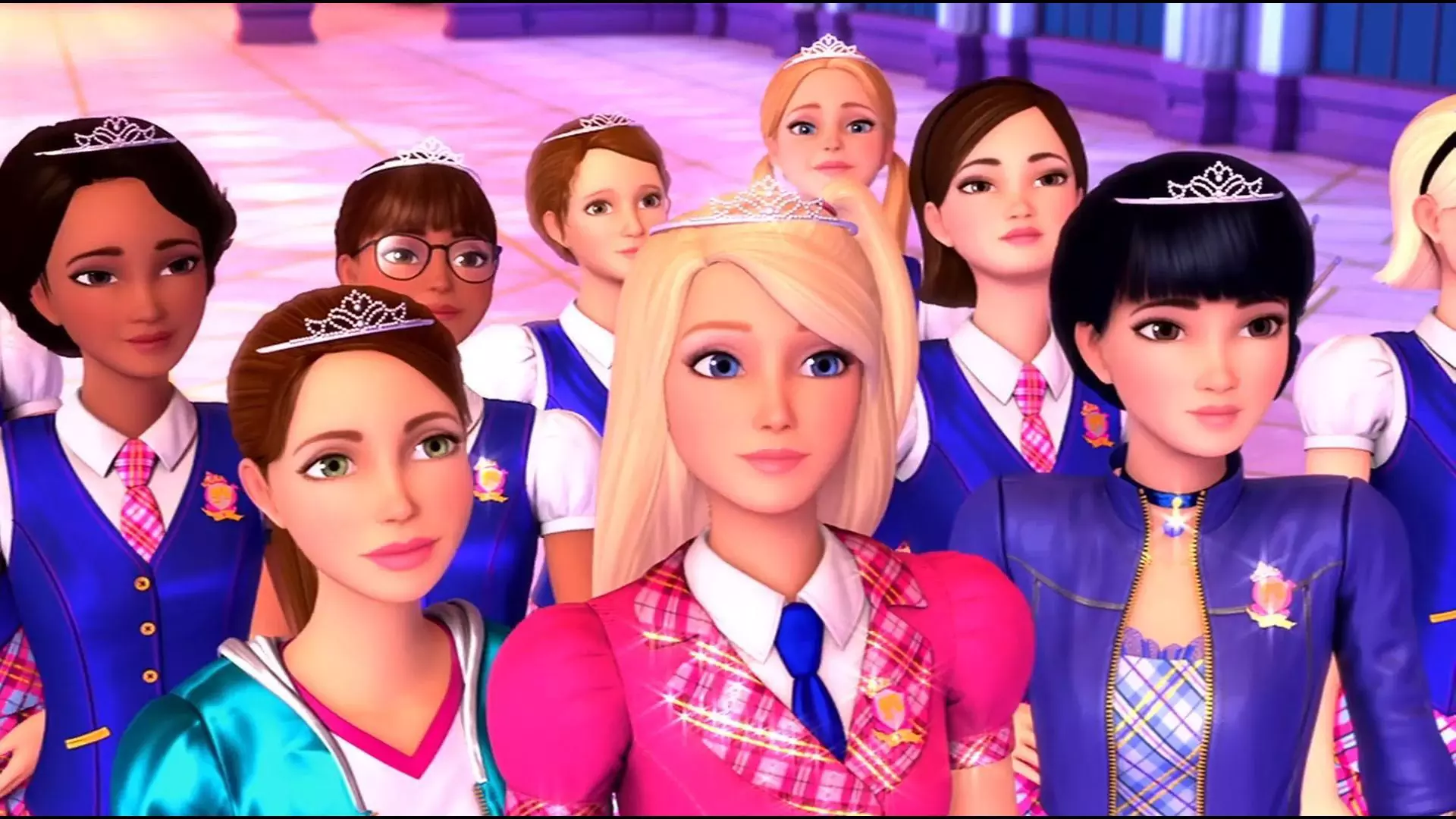 باربی با همه دوستانش با یک تاج نقره ای روی موهایشان در انیمیشن باربی در مدرسه شاهزاده خانم ها