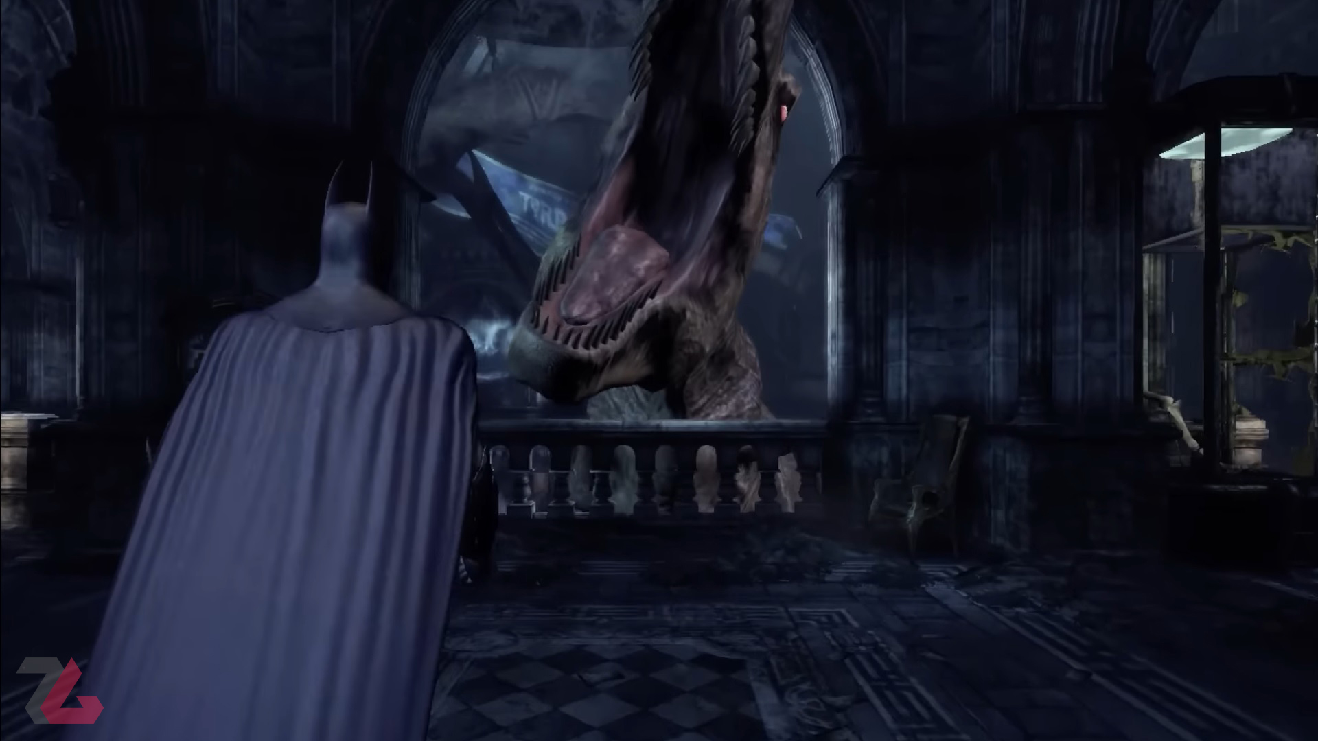 فریاد دایناسور ترسناک به سمت بتمن و بازیکن در بازی Batman Arkham City