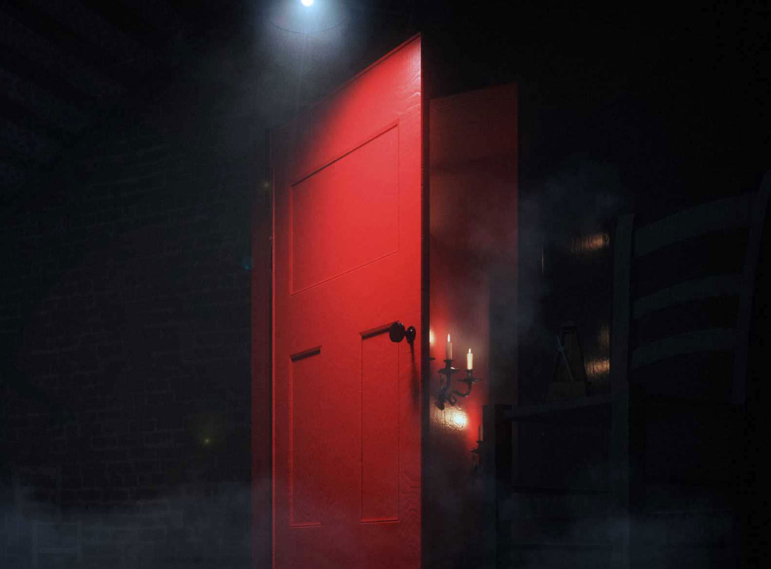 یک در نیمه‌باز قرمز در نمایی از فیلم توطئه‌آمیز: در قرمز به کارگردانی پاتریک ویلسون