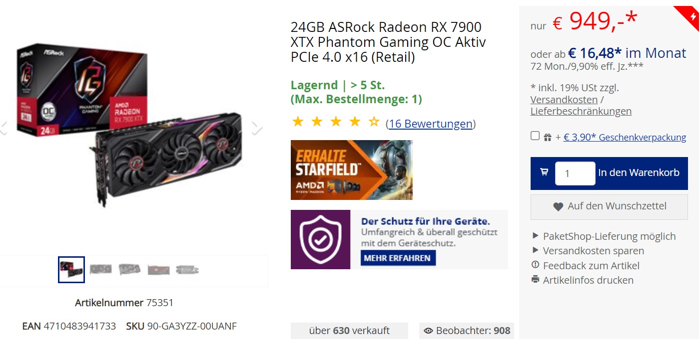 قیمت کارت گرافیک AMD Radeon RX 7900 XTX در فروشگاه اروپایی