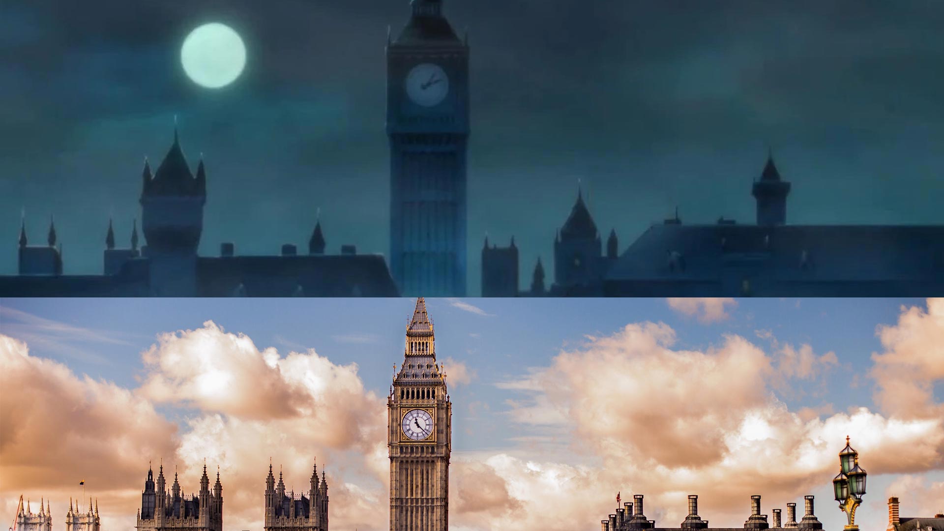 مقایسه تصویر پادشاهی رومل در انیمه وان پیس با چشم انداز شهر لندن