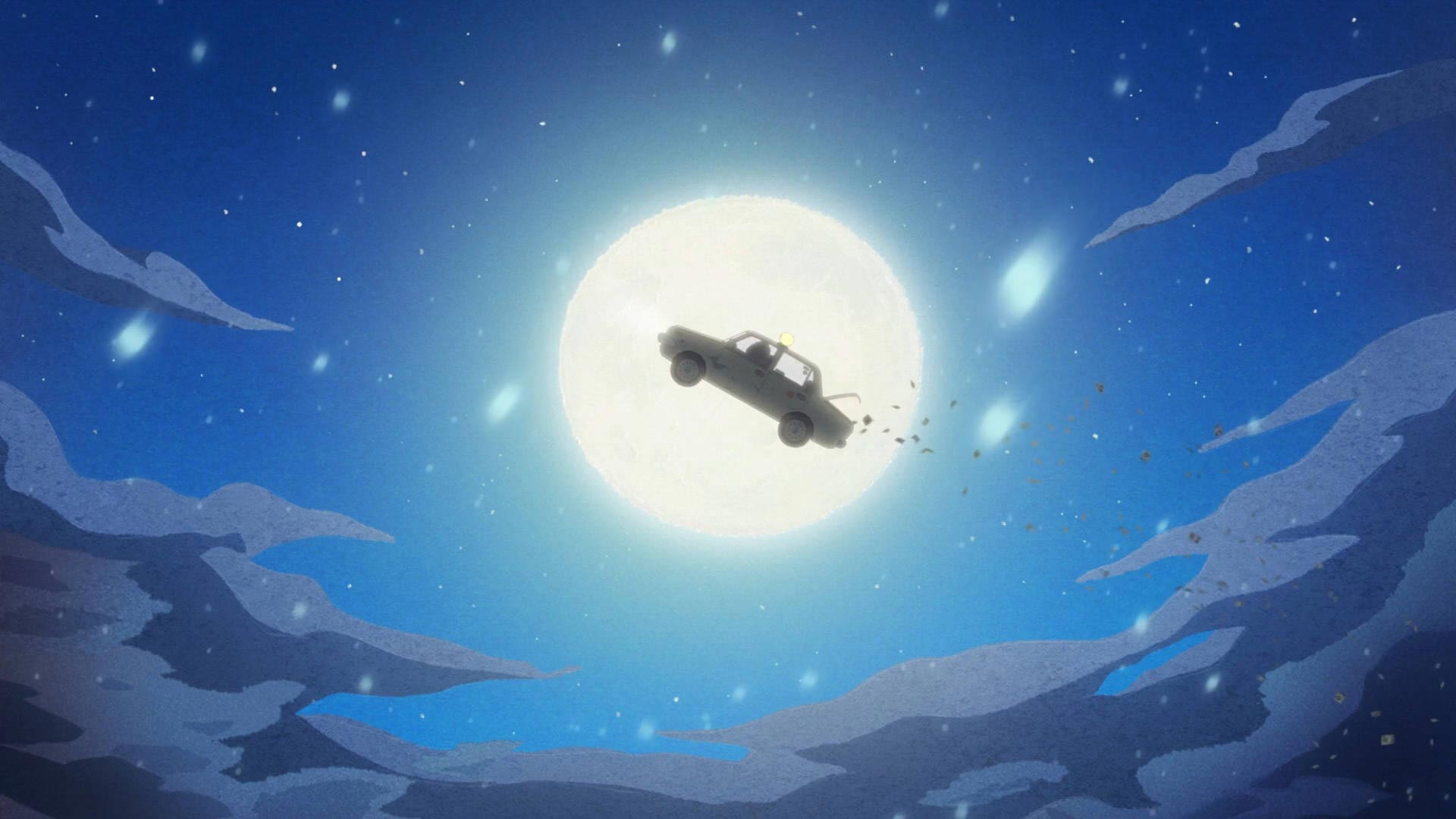 تصویری از تاکسی در آسمان با پس زمینه ماه کامل پشت سرش