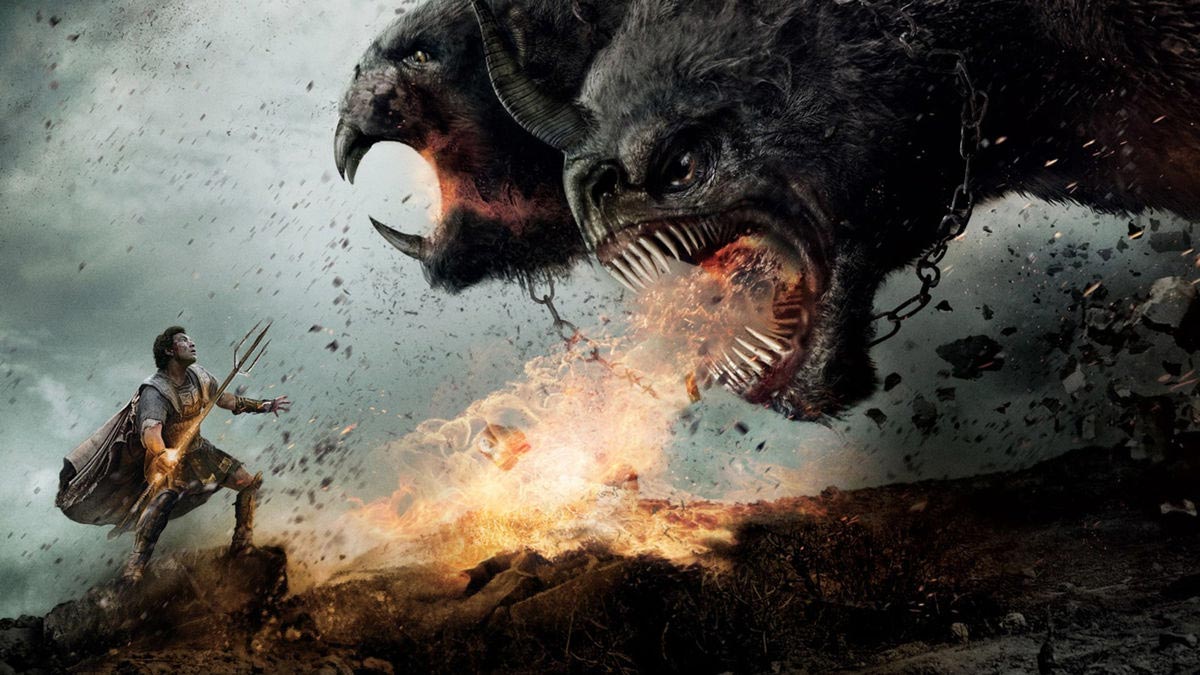 سم ورثینگتون در نقش پرسئوس در فیلم خشم تایتانها در حال جنگ با هیولایی چند سر