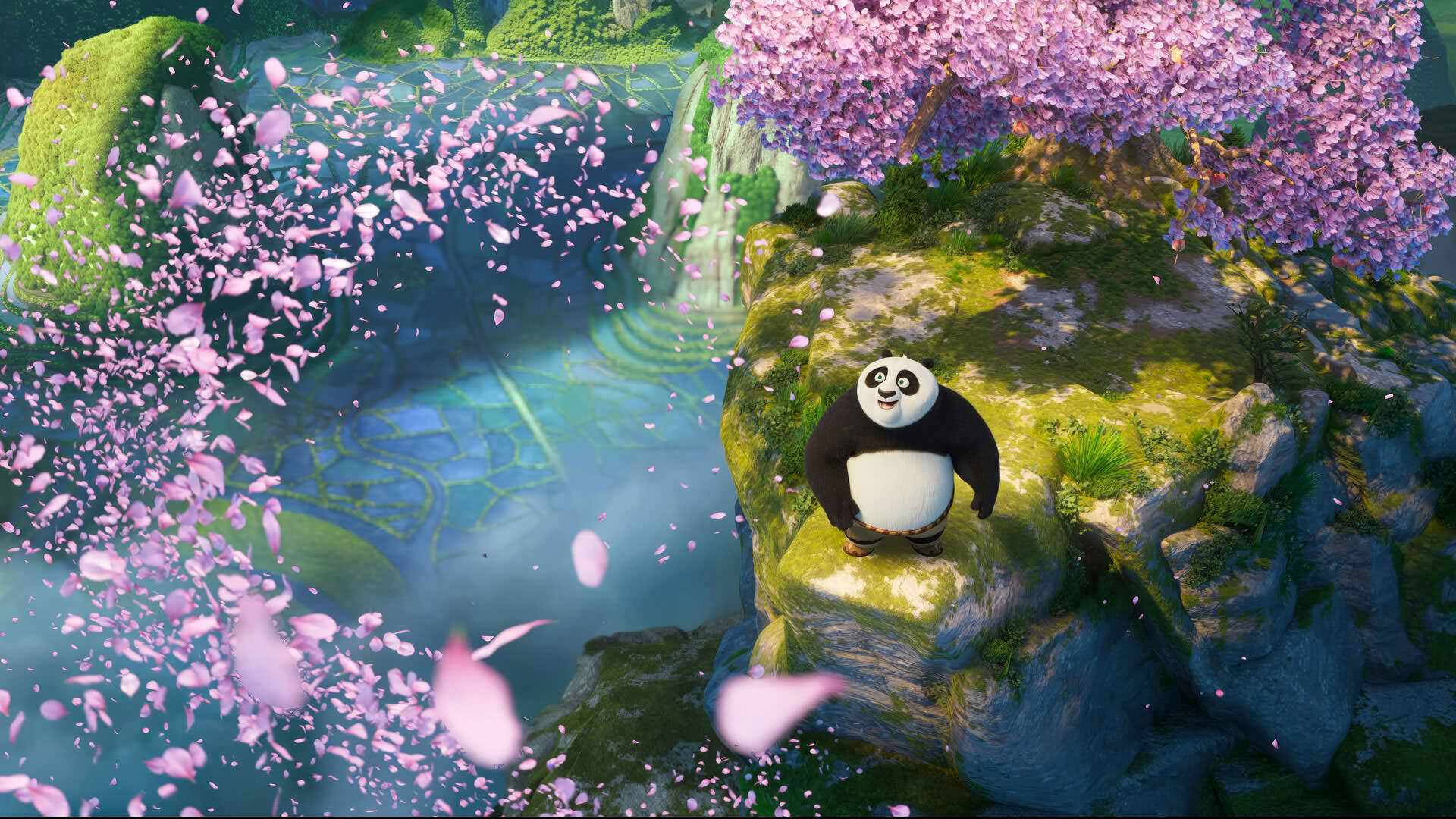 پو در حال نگاه به شکوفه‌ها در انیمیشن Kung Fu Panda 4