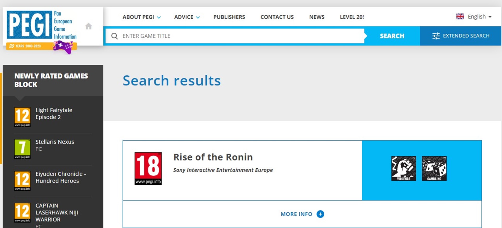 رده‌بندی سنی بازی Rise of the Ronin در اروپا