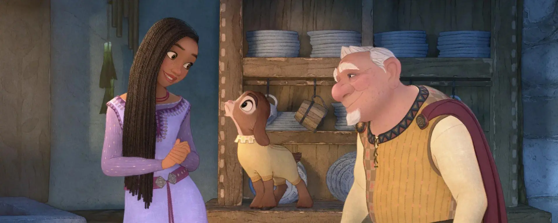 دختری با موهای بلند در کنار بزی بامزه و یک پیرمرد در انیمیشن آرزو اثر دیزنی