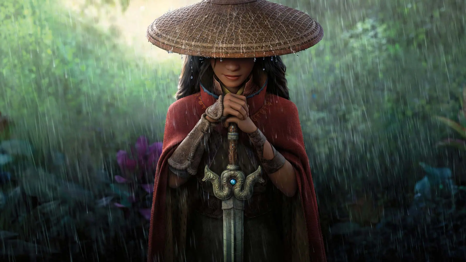 رایا زیر باران با یک شمشیر بلند