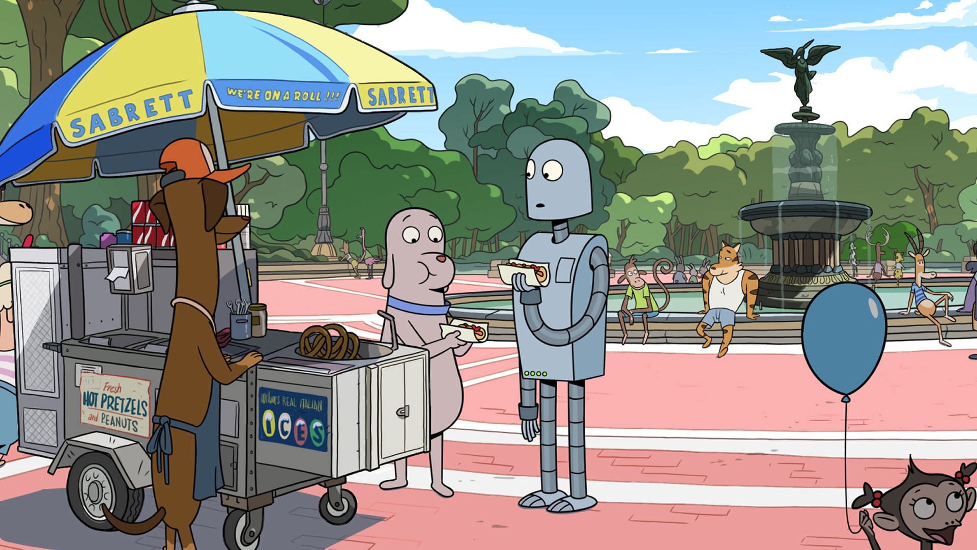 ربات و سگ در حال خوردن هات داگ در انیمیشن Robot Dreams