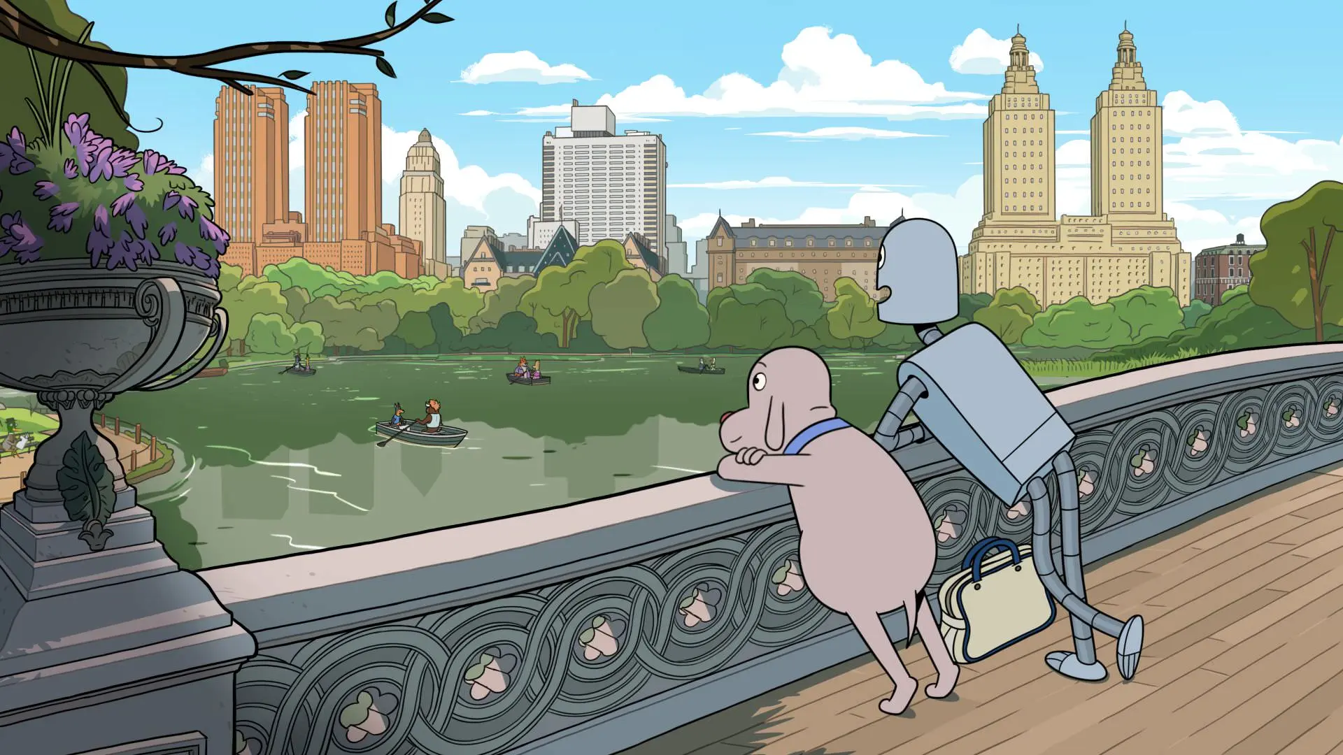 سگ و ربات در حال تماشا رودخانه در انیمیشن Robot Dreams