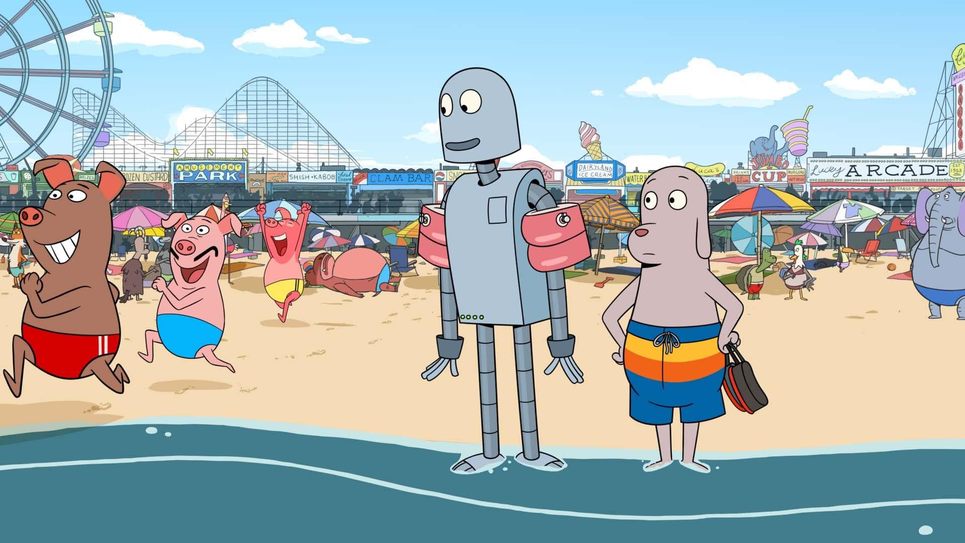 ربات و سگ در ساحل در انیمیشن رویاهای ربات