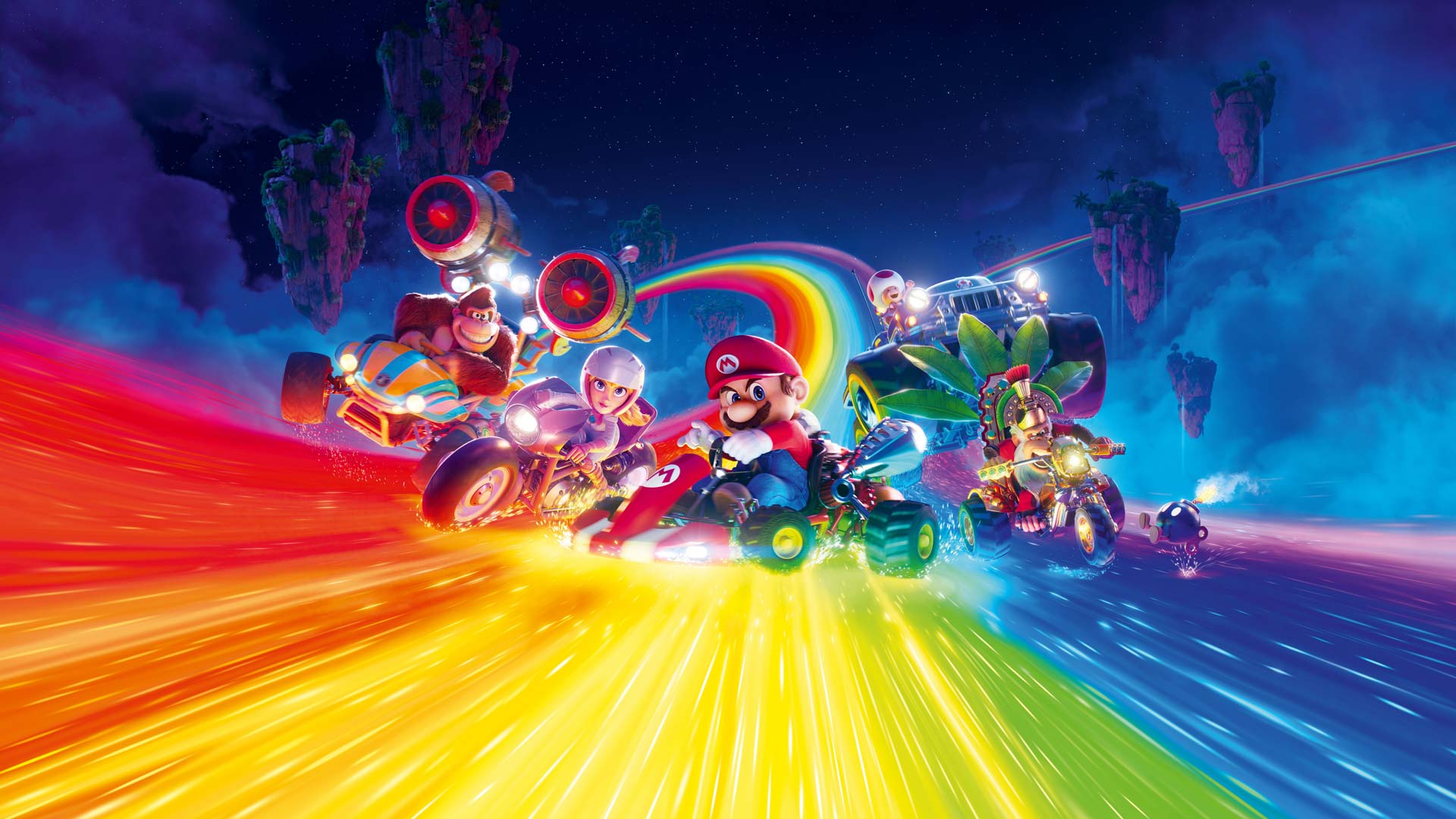 ماریو و دیگر شخصیتها در حال عبور از مسیر رنگین کمان از انیمیشن برادران سوپر ماریو