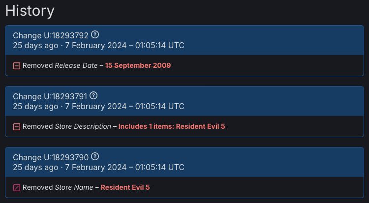 تغییرات در صفحه Resident Evil 5 در پایگاه داده SteamDB