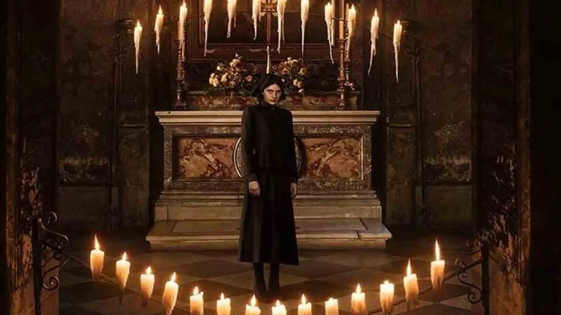 راهبه‌ای ترسناک در میان شمع‌ها در فیلم The First Omen
