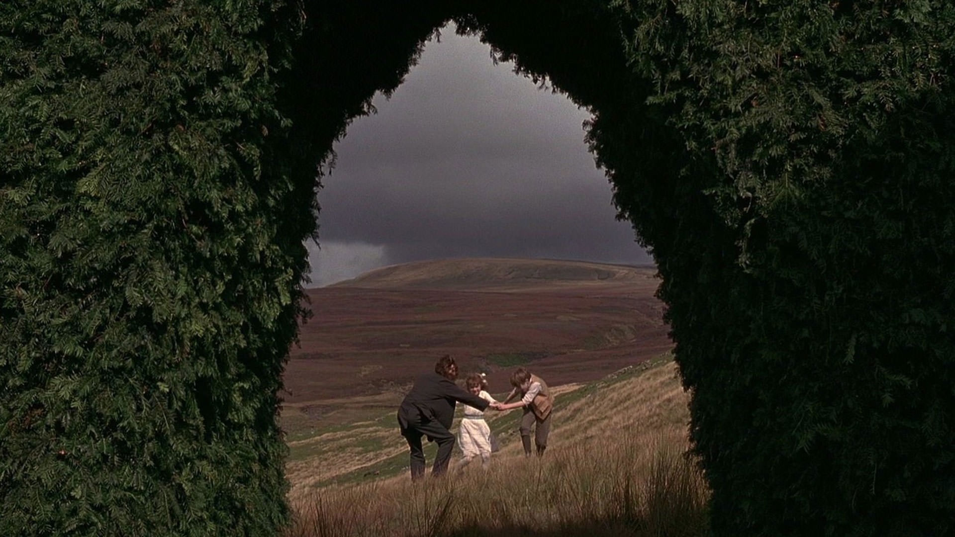 منظره‌ای از طبیعت انگلستان و دشت‌های وسیع و تپه‌های بزرگ از مجرای یک پرچین در حالی که یک مرد و دو کودک هم در دشت دیده می‌شوند در نمایی از فیلم باغ مخفی به کارگردانی آگنیشکا هولاند