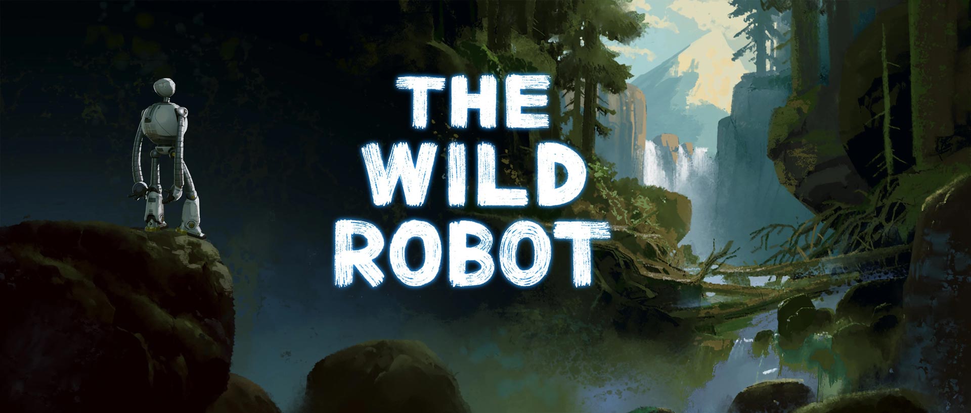 بنر فیلم ربات وحشی یک ربات در میان جنگل و طبیعت