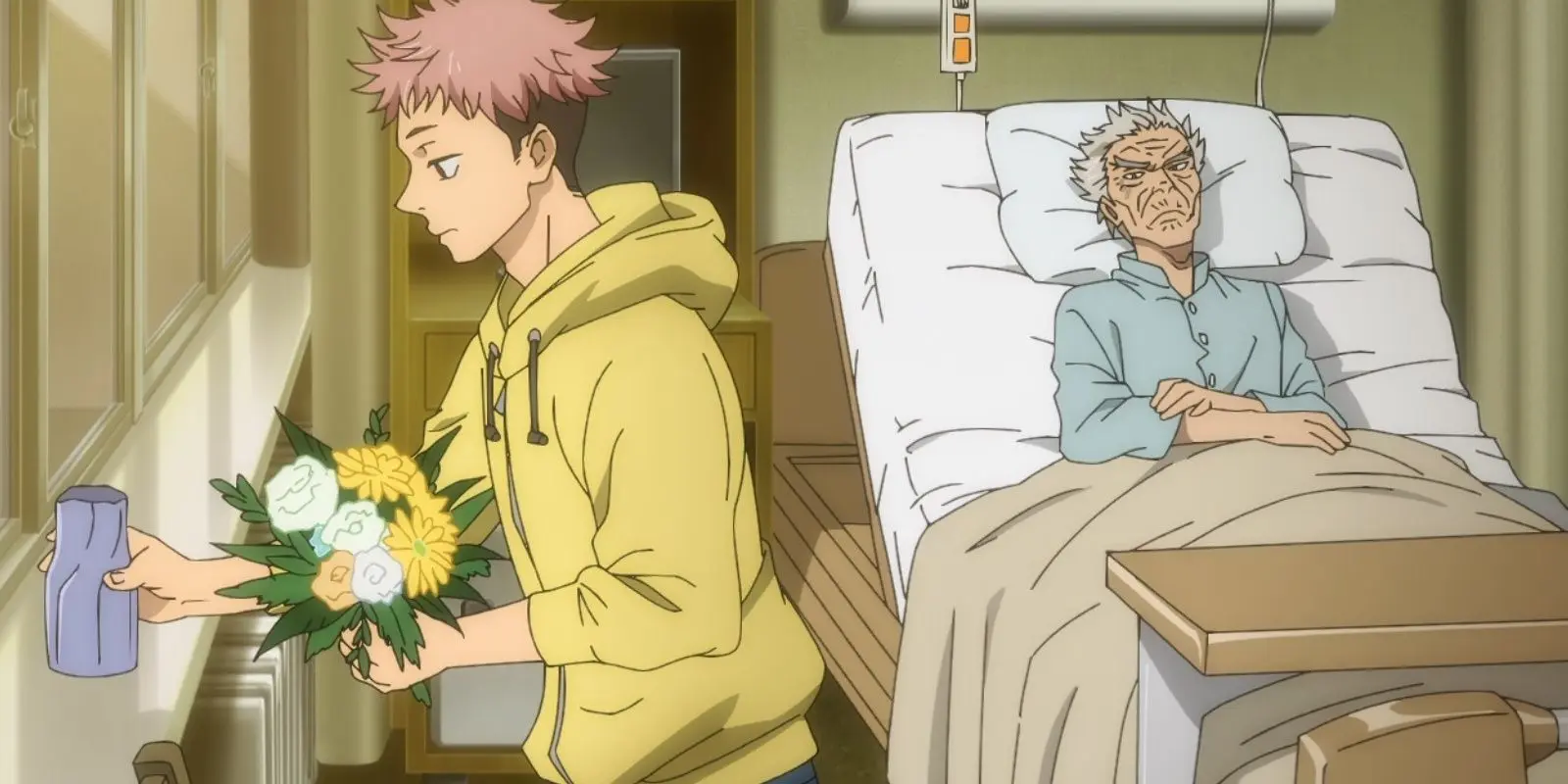 ایتادوری یوجی و پدر بزرگش در بیمارستان در فصل اول انیمه Jujutsu Kaisen