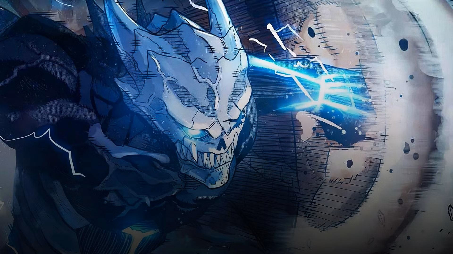 هیولا در انیمه Kaiju Eight چهره ای شبیه به اسکلت دارد و مشت و ضربه می زند.