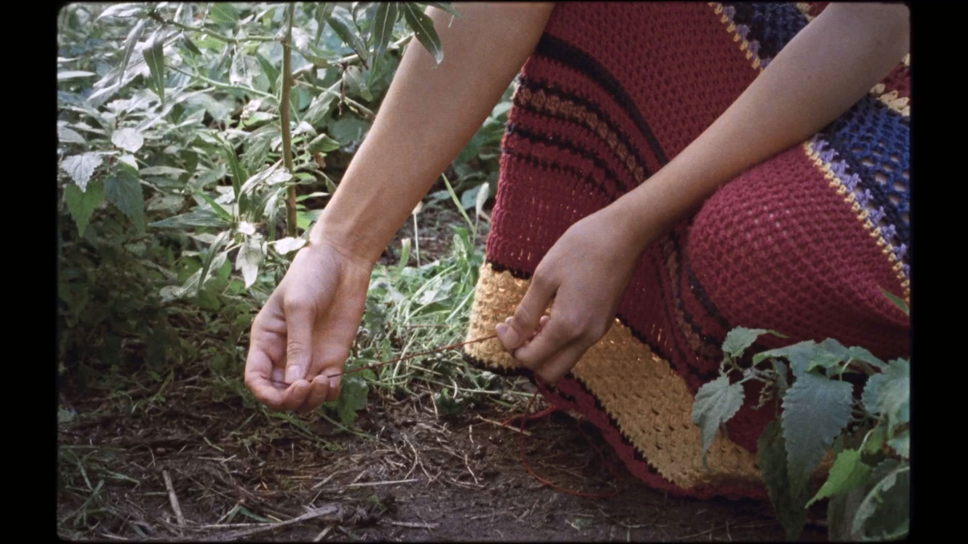 زنی با لباسی رنگارنگ یک نخ قرمز را از داخل خاک بیرون می‌کشد در نمایی از فیلم کیمرا به کارگردانی آلیچه رورواکر
