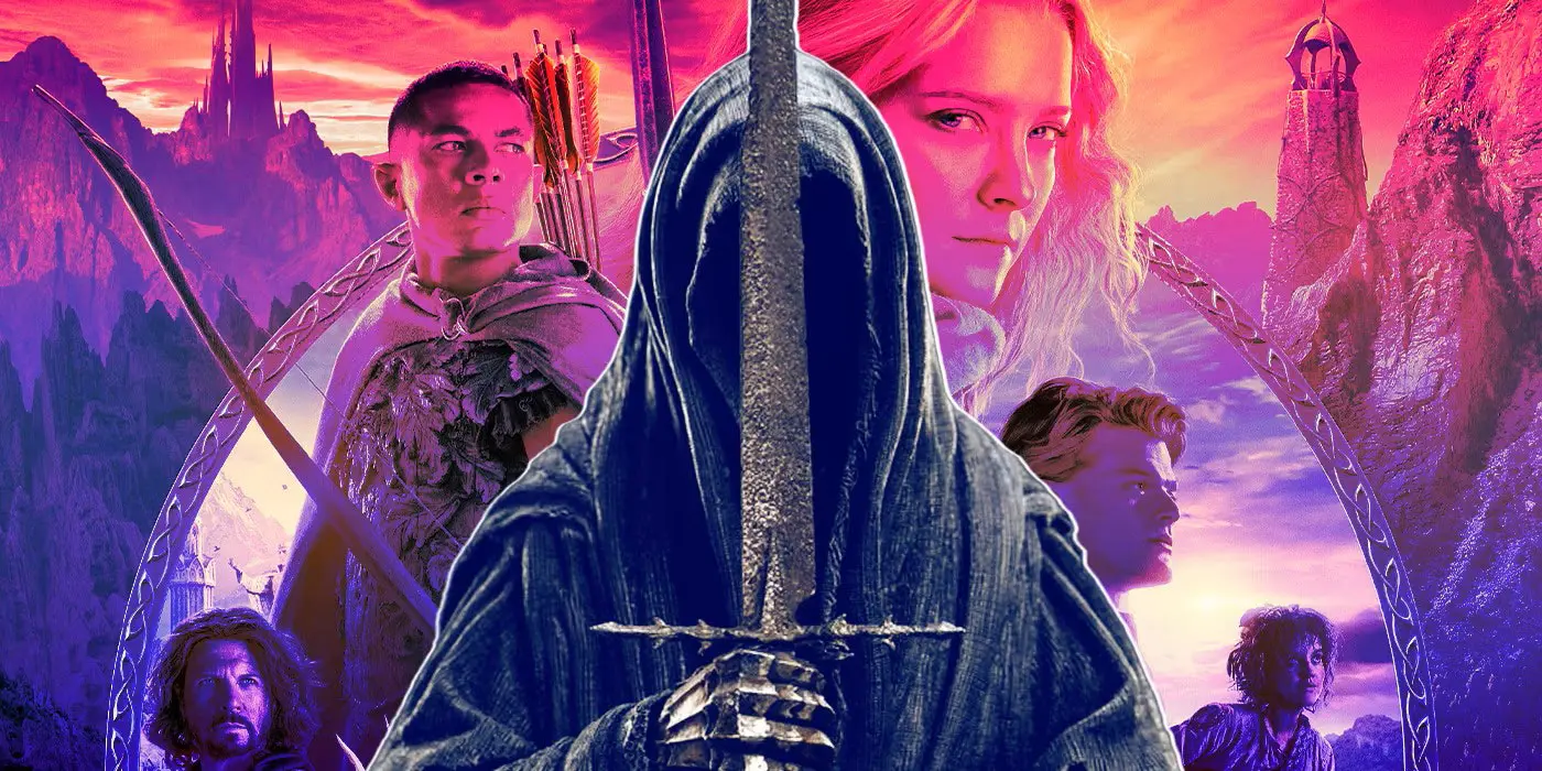 شخصیتهای مختلف سریال حلقه های قدرت مثل گالادریل،الروند،نزگول با شمشیری تیره در دست