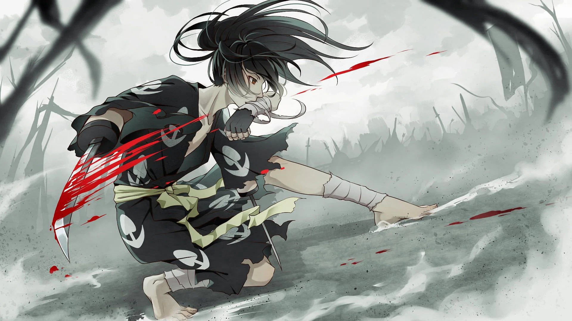 هیاکیمارو شمشیر کشیده با ردی از خون از انیمه دورورو