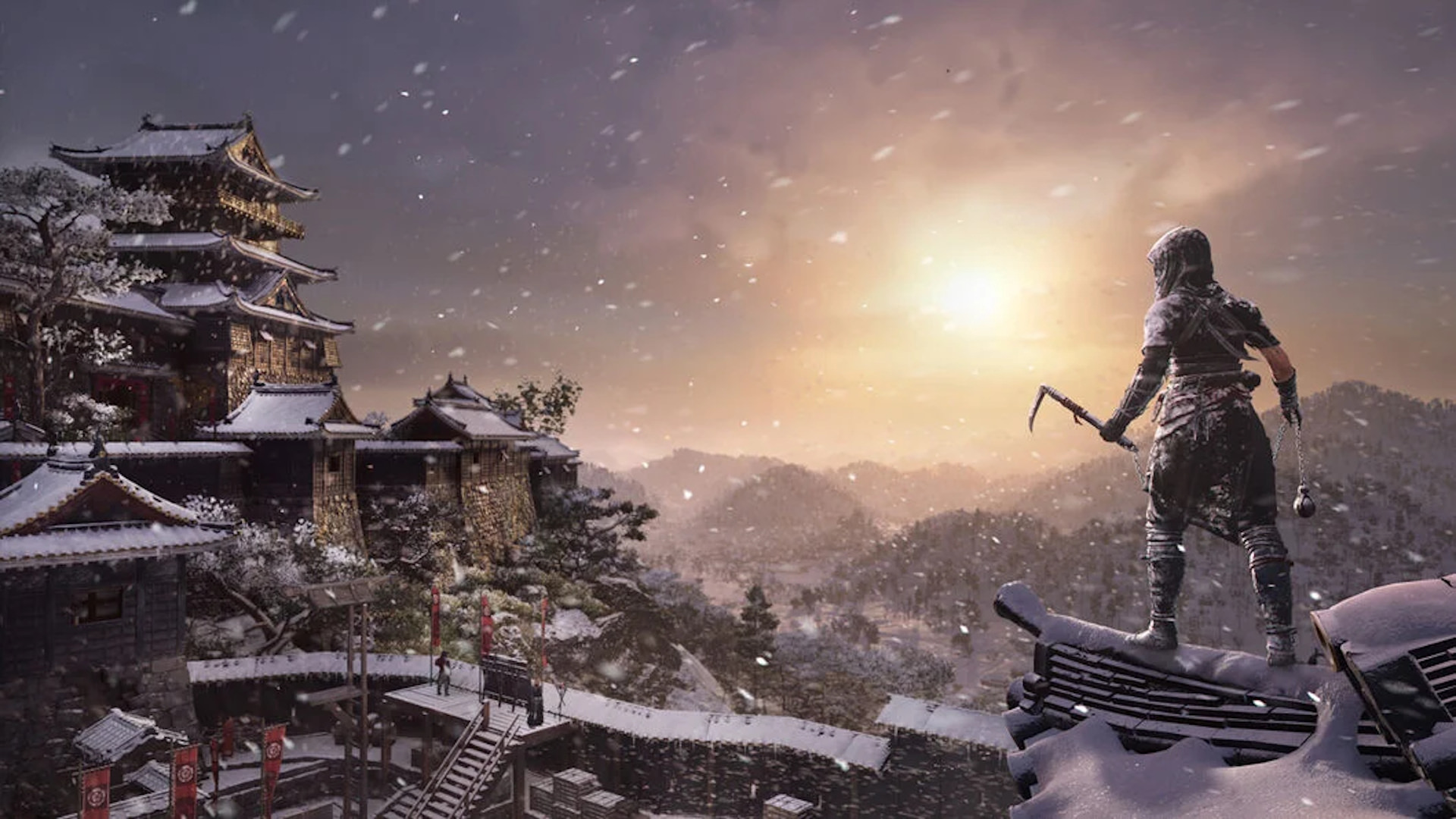 نئویی در حال مشاهده منظره یک قلعه در فصل زمستان Assassin’s Creed Shadows