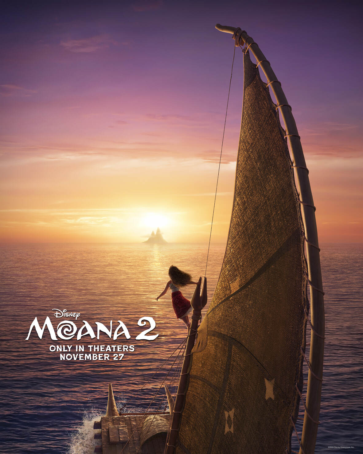 موانا در دریا سوار بر قایق بادی در پوستر رسمی انیمیشن Moana 2