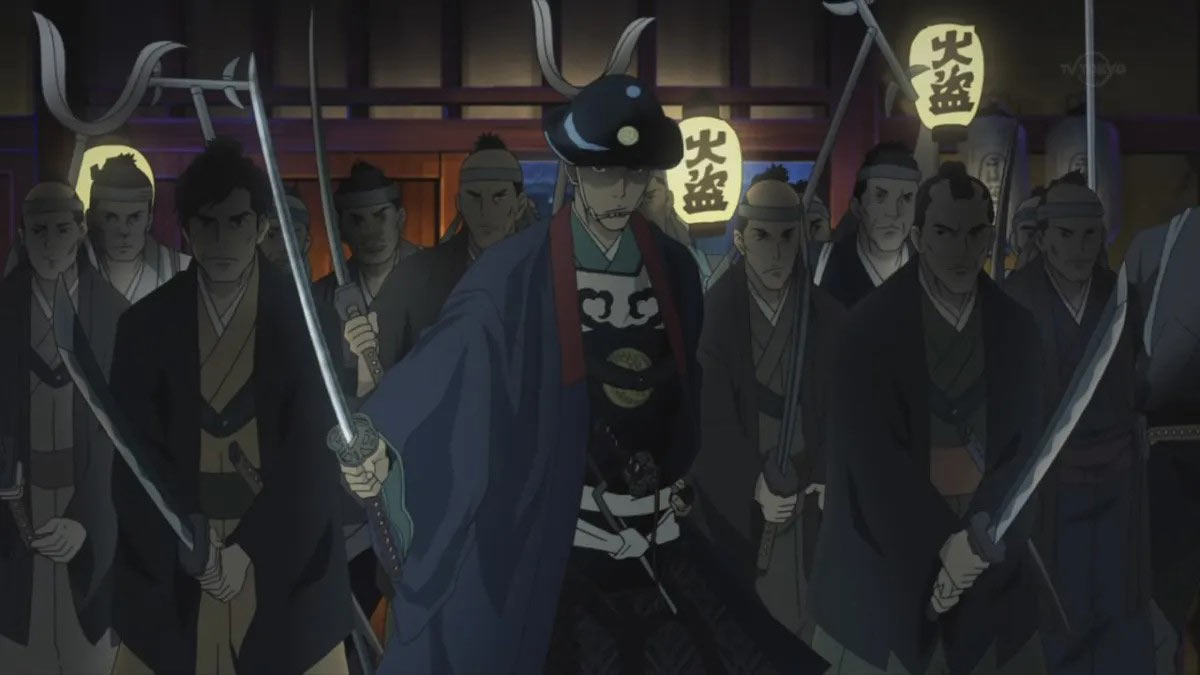 هیزو هاسگاوا افسر ارشد انیمه اونیهی و همراهانش با شمشیرهای بیرون کشیده