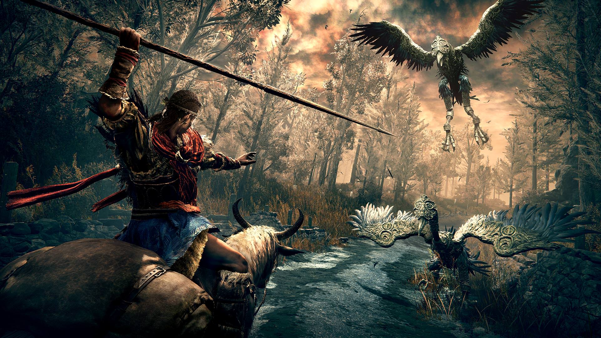 حمله با نیزه به هیولاهای پرنده در بازی Elden Ring: Shadow of the Erdtree