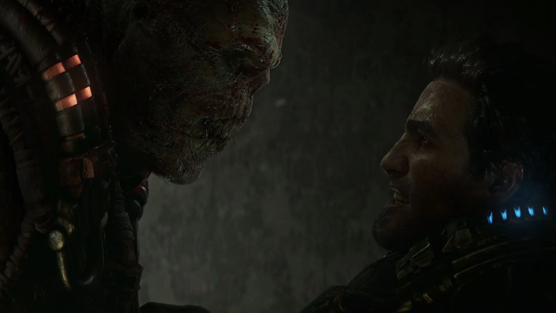 لوکاست درون نزدیک صورت مارکوس فینیکس در بازی Gears of War جدید شرکت مایکروسافت