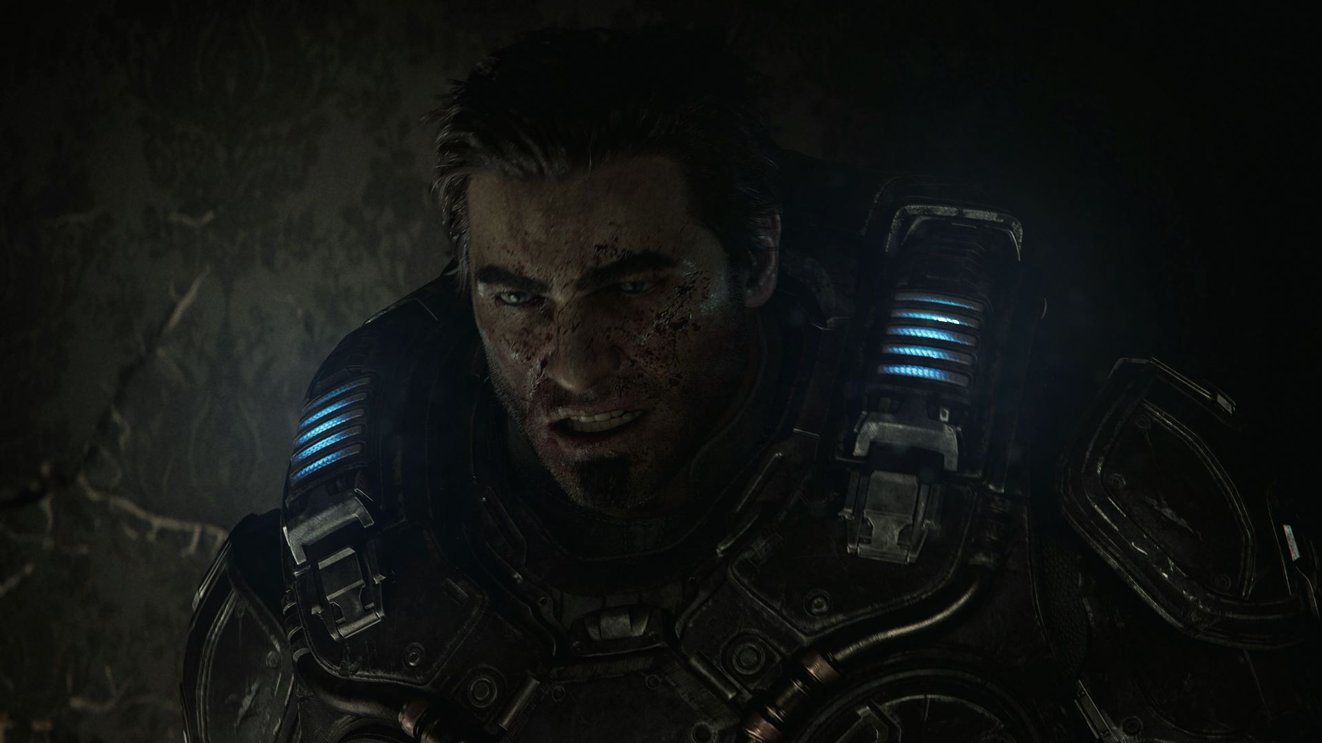 صورت خونین مارکوس فینیکس، قهرمان سری گرز آو وار در بازی Gears of War: E-Day استودیو کوالیشن شرکت Microsoft