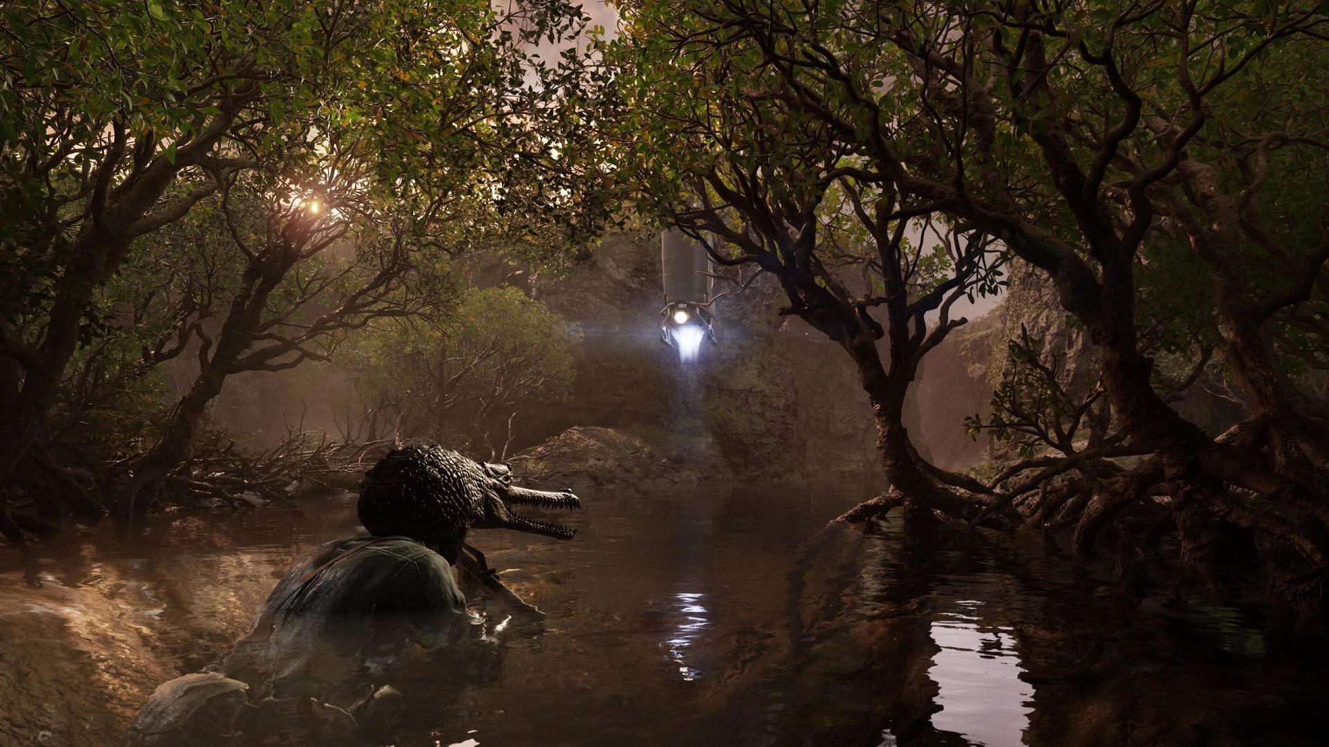 پیش‌روی مخفیانه اسنیک با استتار تمساح در رودخانه بازی Metal Gear Solid Delta: Snake Eater
