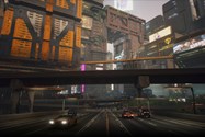 عبور و مرور ماشین‌ها در زیر یک روگذر در بازی Cyberpunk 2077